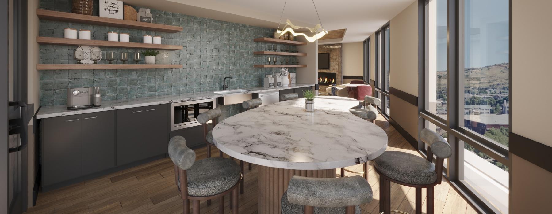a kitchen with a table and chairs and a big window