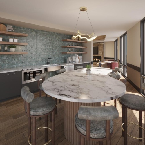 Beautiful kitchens with designer finishes a kitchen with a table and chairs and a big window