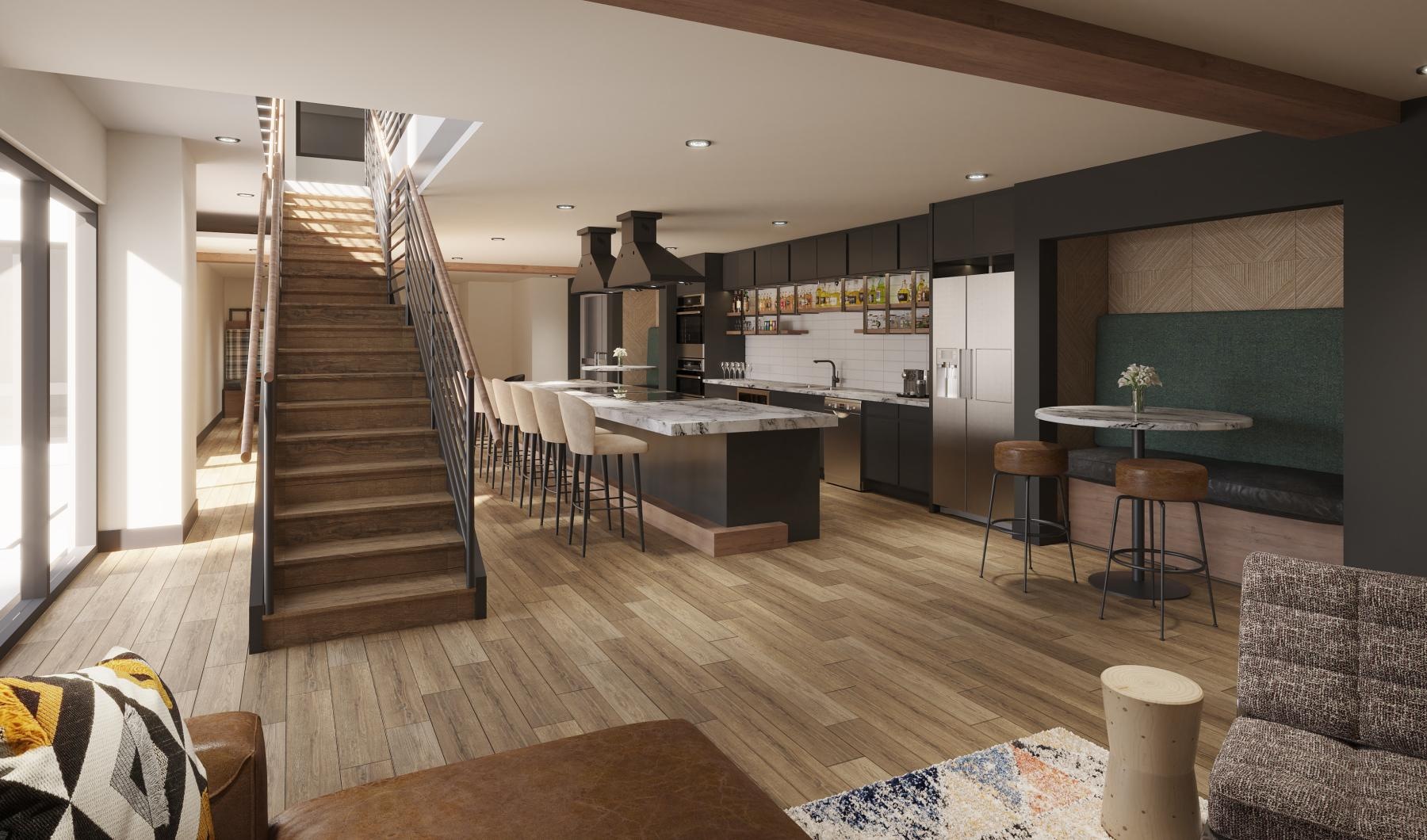 State-of-the-art amenities a large kitchen with a staircase in the clubhouse