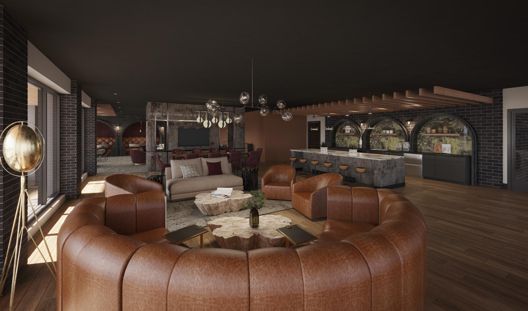 Everything within reach large seating area inside of the clubhouse with a kitchen