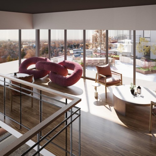 Take advantage of all Montaire has to offer a room with a table chairs and a couch with big windows