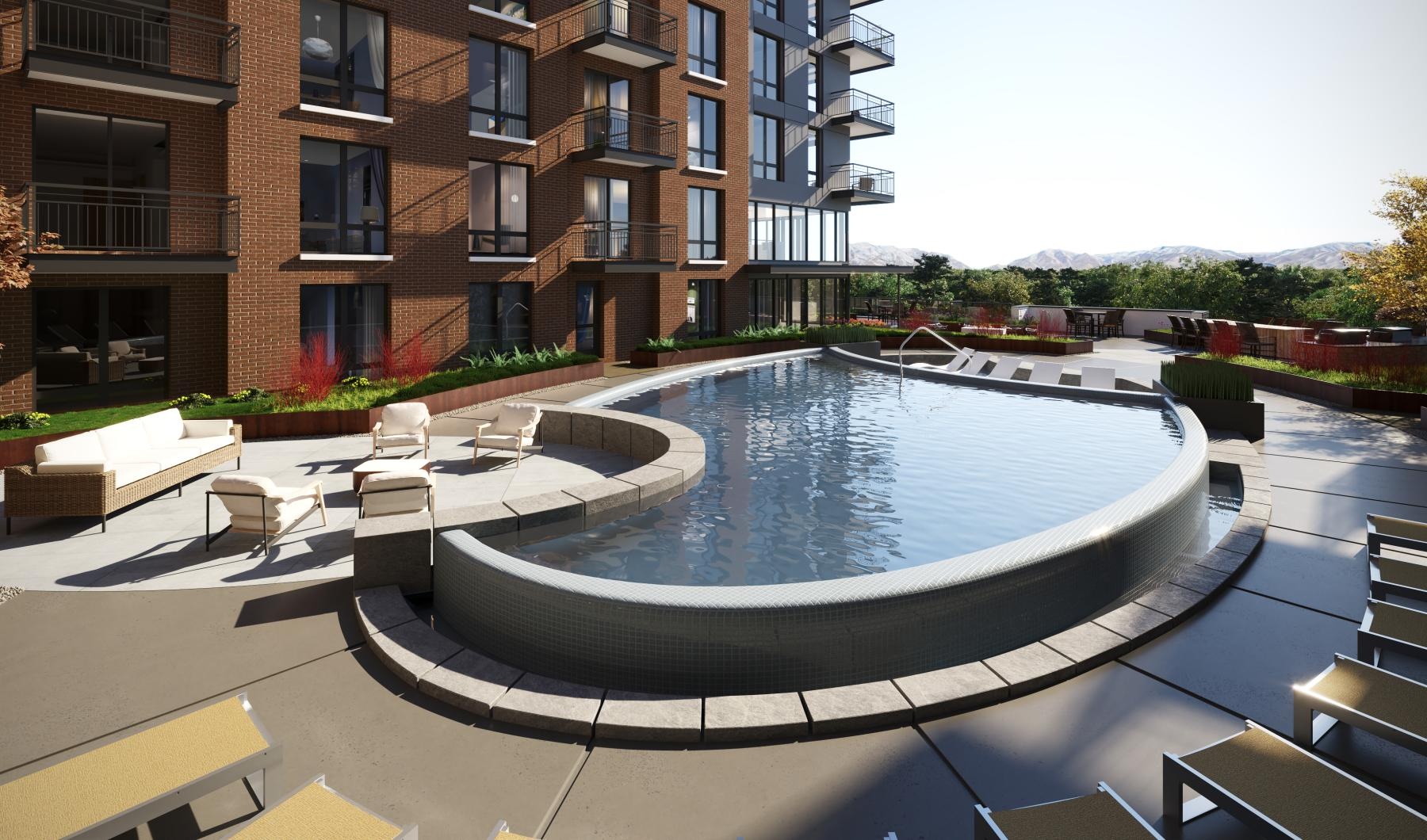 Relax and unwind poolside a swimming pool outside a building