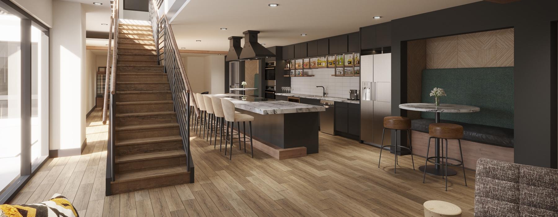 a large kitchen with a staircase in the clubhouse