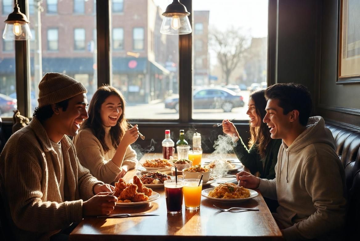 Montaire Student Living Apartments Four friends laugh and enjoy a meal together at a cozy restaurant table by a window during the day.
