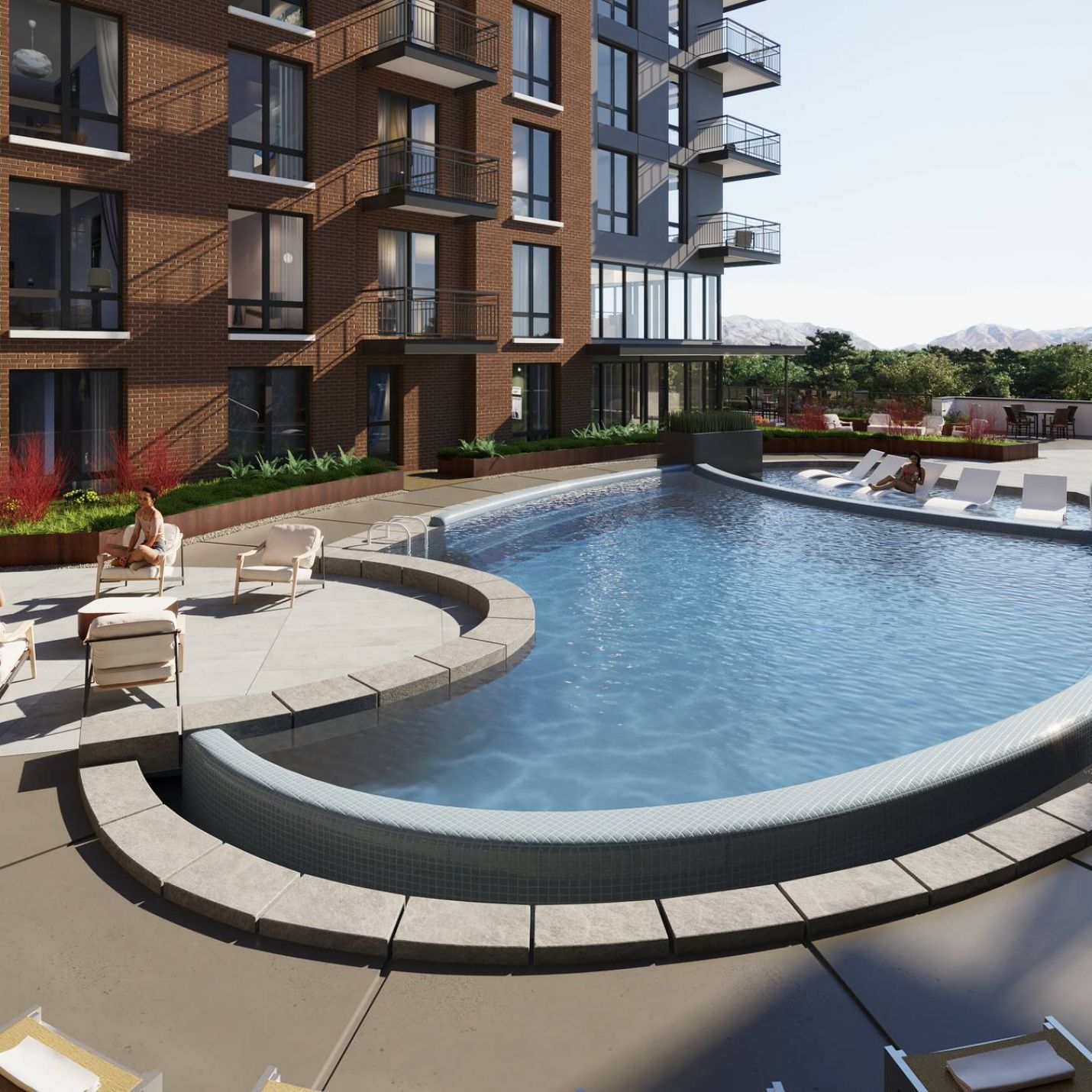 Montaire Student Living Apartments Modern apartment pool area with lounge chairs and people relaxing beside a curved pool on a sunny day.
