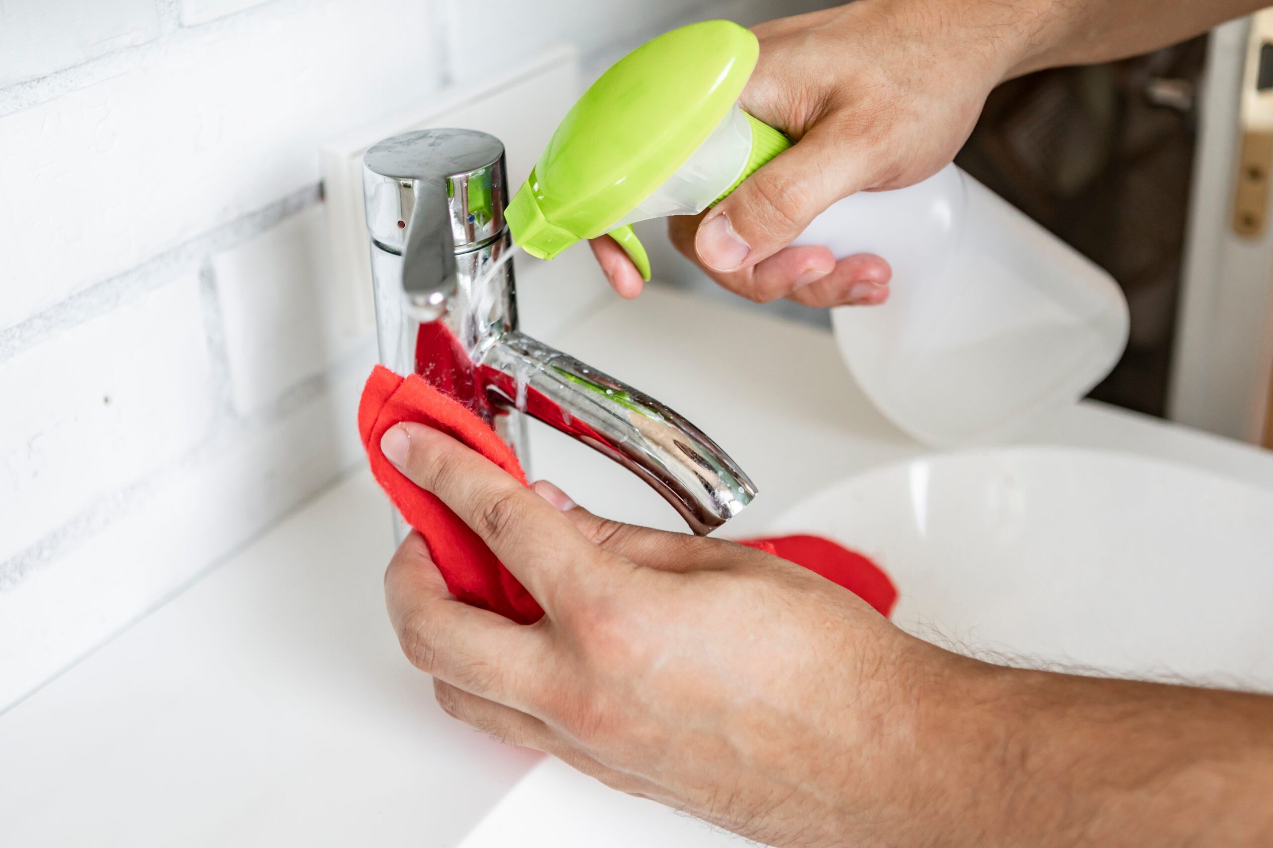 Montaire Student Living Apartments Hands cleaning a bathroom faucet with a red cloth and spraying cleaner from a green spray bottle.