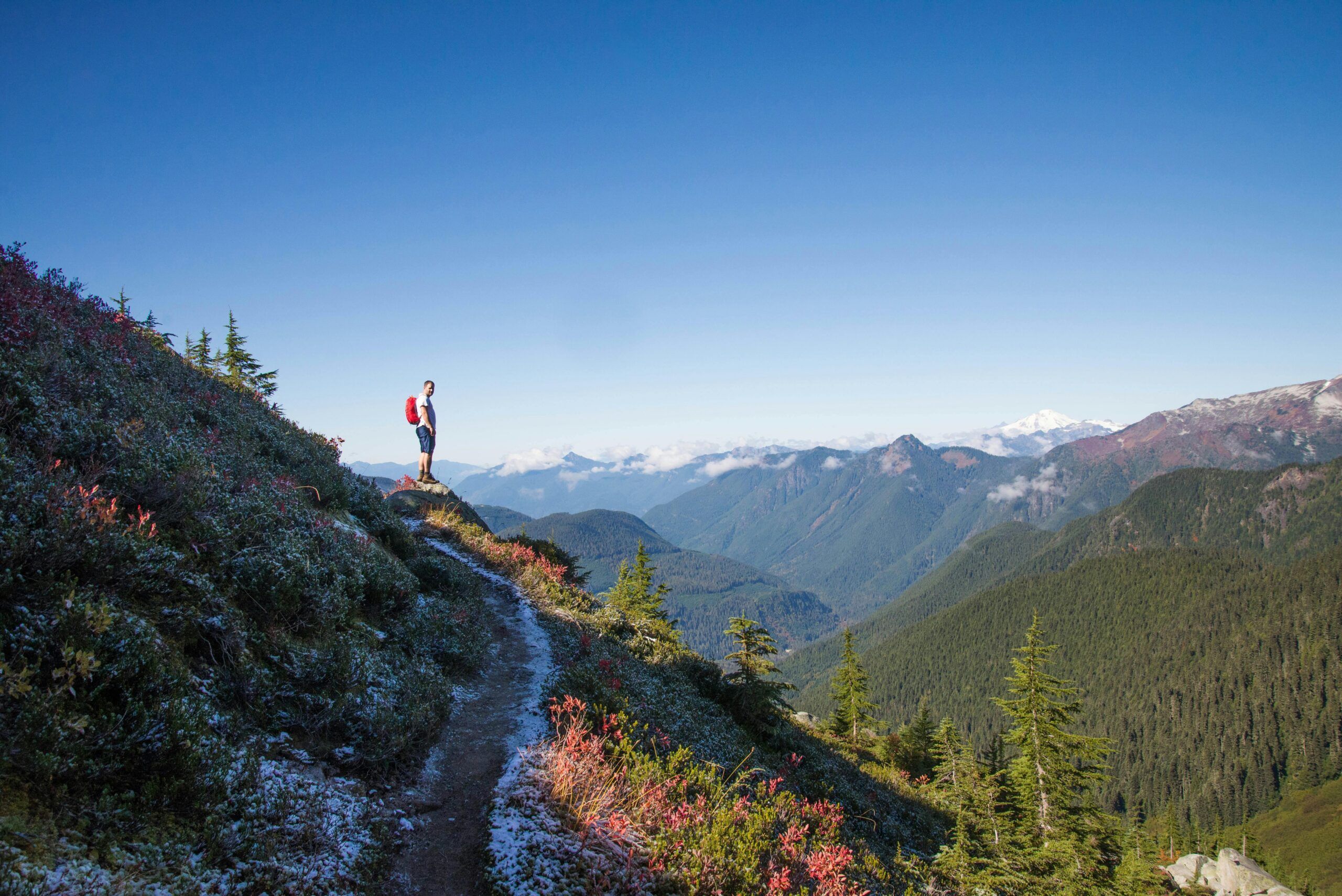Montaire Student Living Apartments A hiker stands on a mountain trail, overlooking forested hills and distant snowy peaks under a clear blue sky.