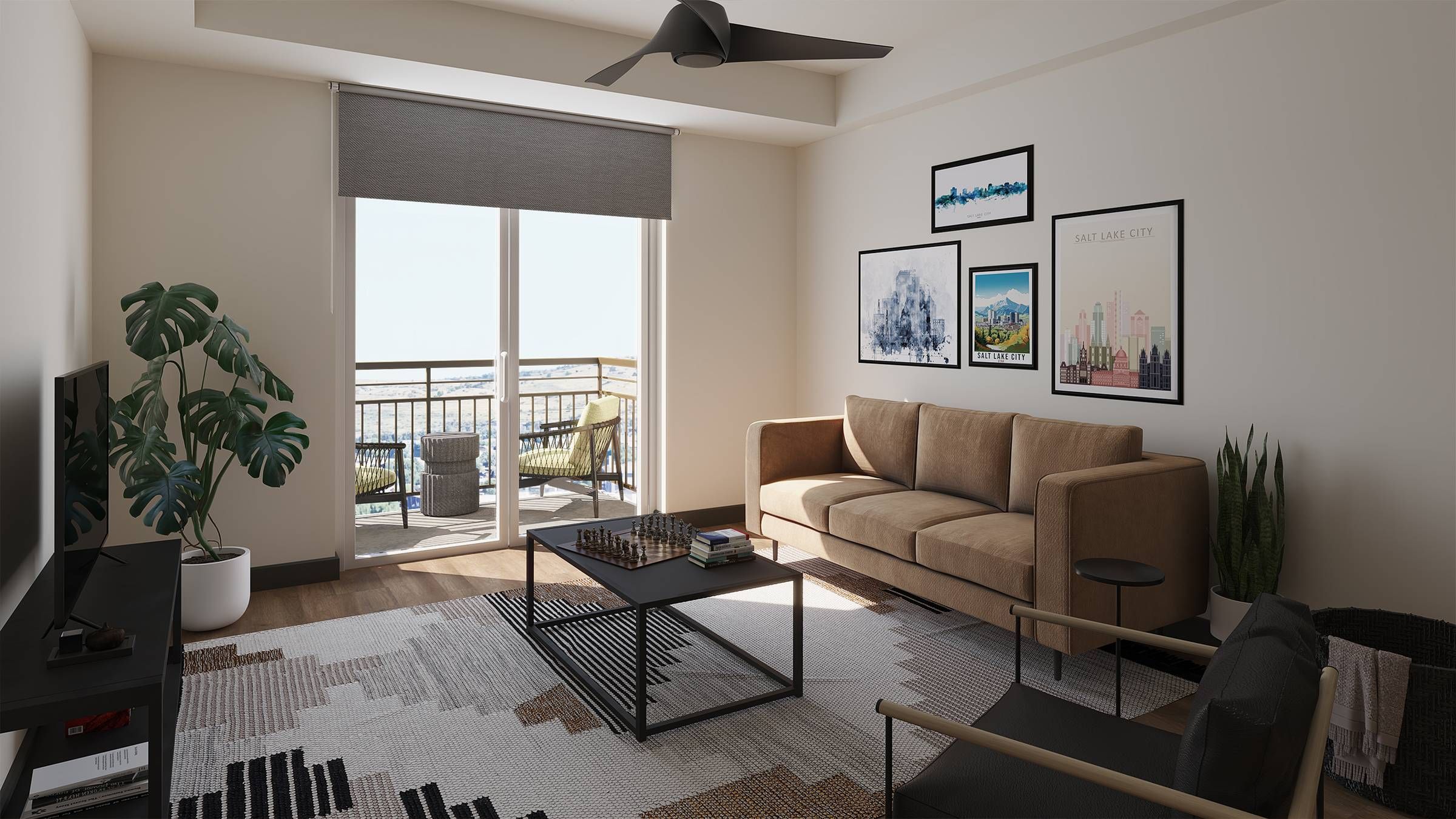 Montaire Student Living Apartments Modern living room with a tan sofa, wall art, large window, and balcony view.