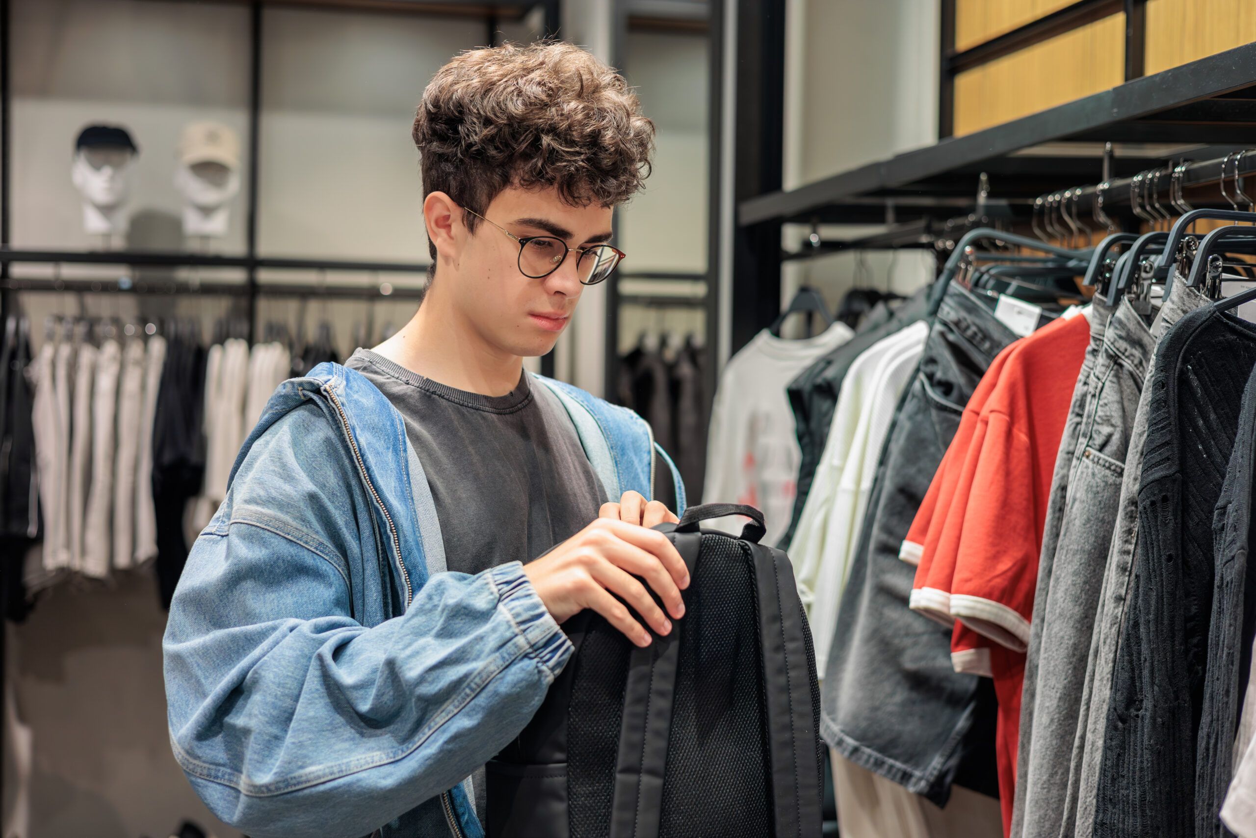 Montaire Student Living Apartments A young person wearing glasses examines a black backpack in a clothing store.