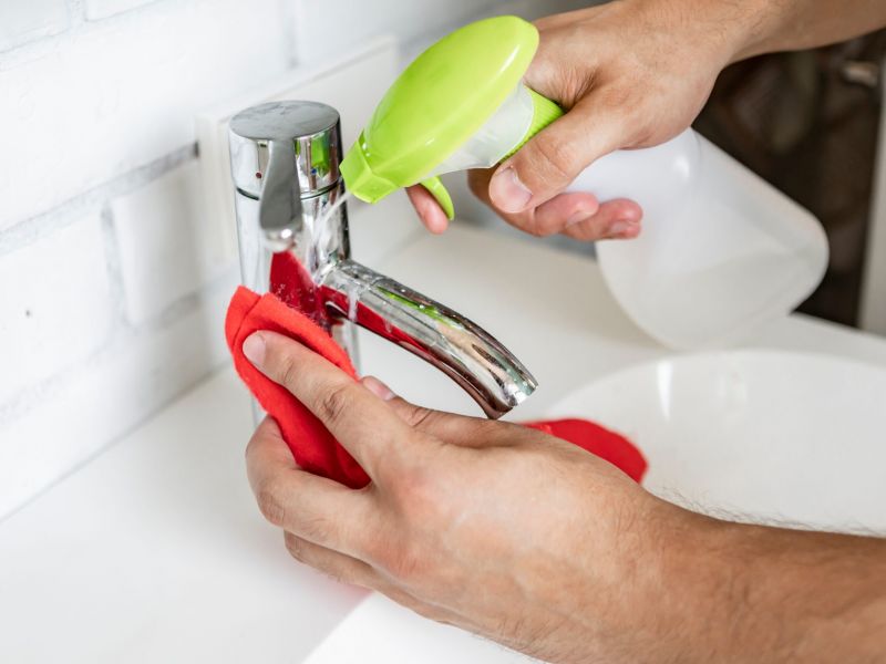 Montaire Student Living Apartments Hands cleaning a bathroom faucet with a red cloth and spraying cleaner from a green spray bottle.