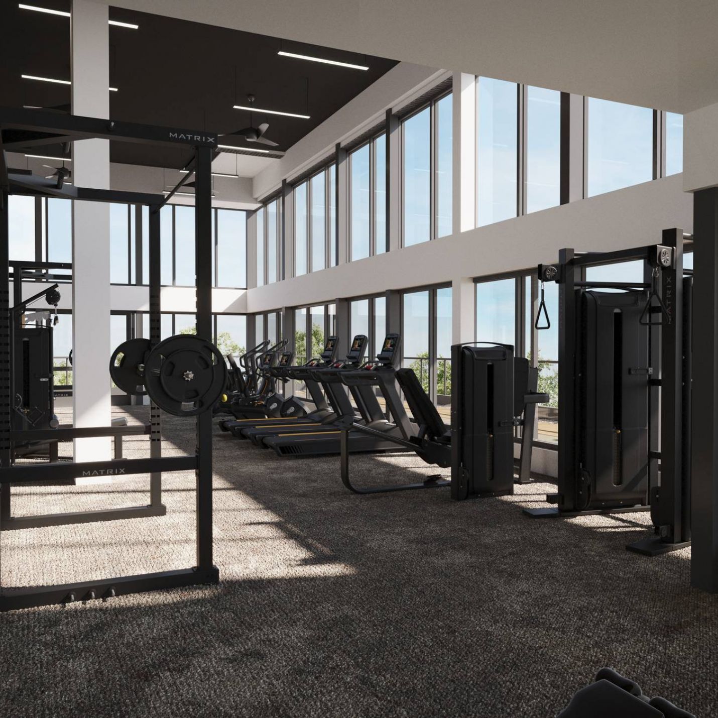 Montaire Student Living Apartments Modern gym with weight racks, cardio machines, and large windows letting in natural light.