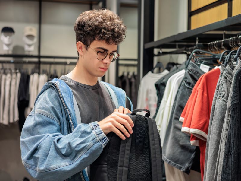 Montaire Student Living Apartments A young person wearing glasses examines a black backpack in a clothing store.