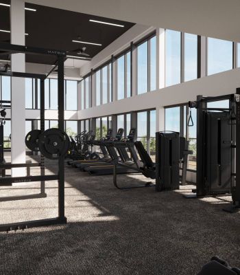 Montaire Student Living Apartments Modern gym with weight racks, cardio machines, and large windows letting in natural light.