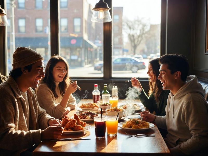 Montaire Student Living Apartments Four friends laugh and enjoy a meal together at a cozy restaurant table by a window during the day.
