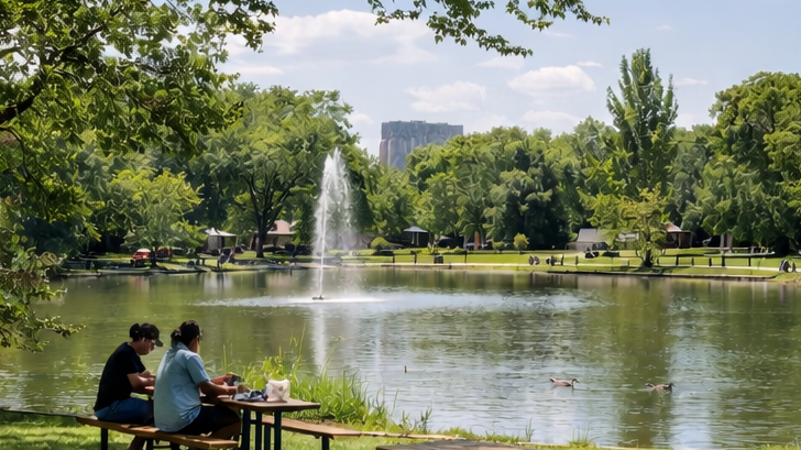 Montaire Student Living Apartments Two people sit at a picnic table by a pond with a fountain, surrounded by trees and distant buildings.