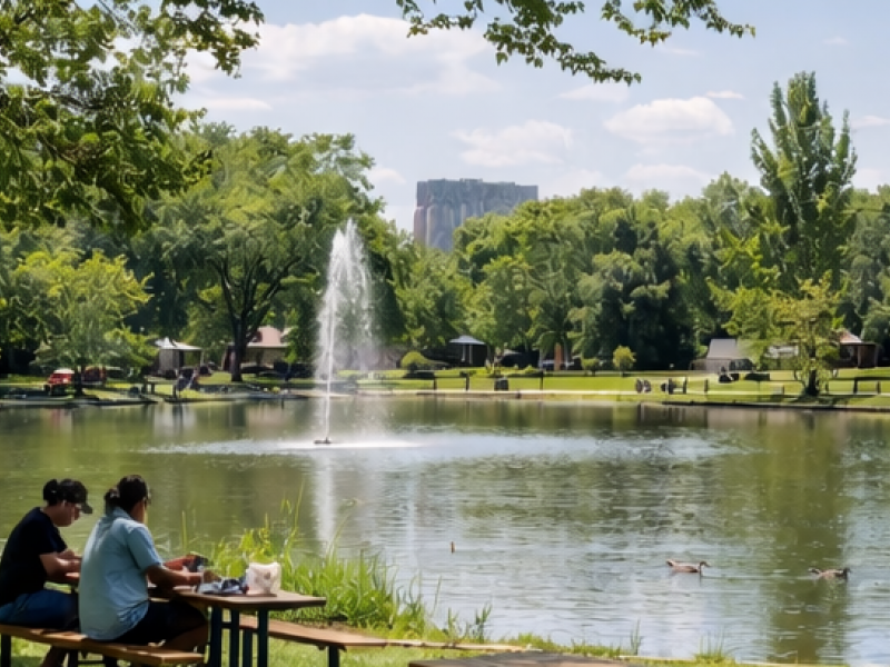 Montaire Student Living Apartments Two people sit at a picnic table by a pond with a fountain, surrounded by trees and distant buildings.