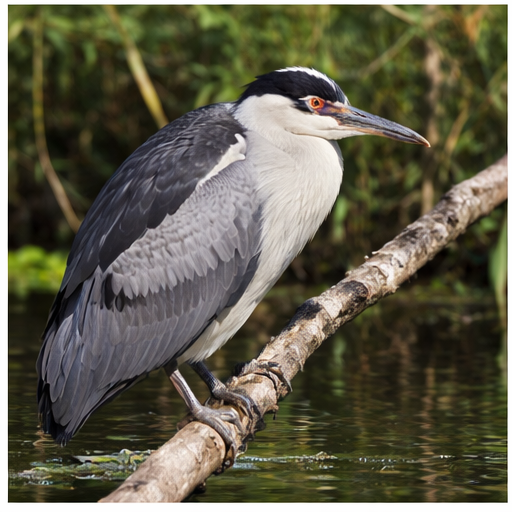 Montaire Student Living Apartments A black-crowned night heron perched on a branch over water, with green foliage in the background.