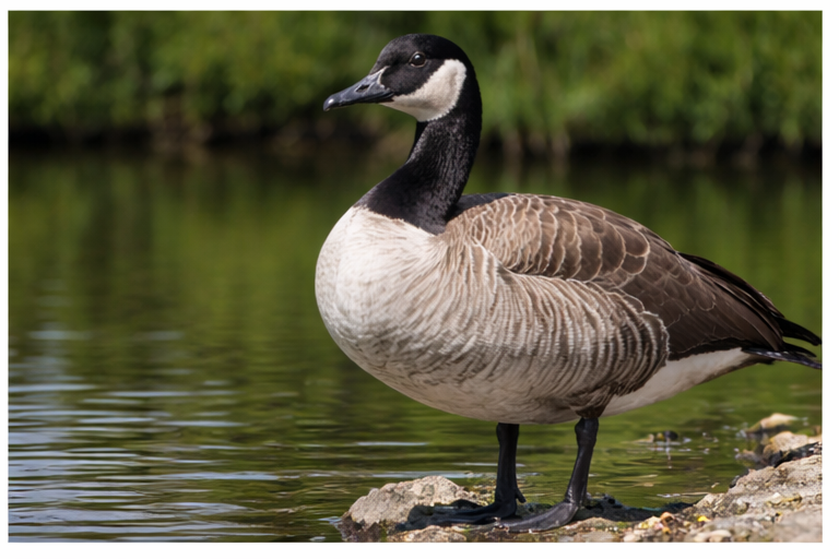 Montaire Student Living Apartments Canada goose standing by the edge of a pond with green foliage in the background.
