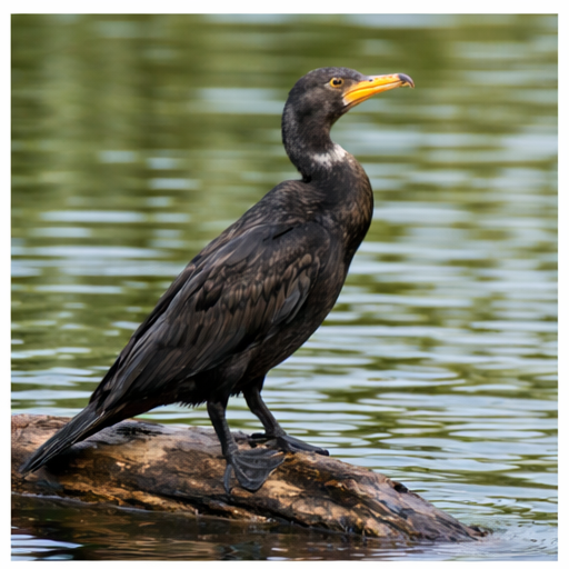 Montaire Student Living Apartments A black cormorant with a yellow beak standing on a log in the water.