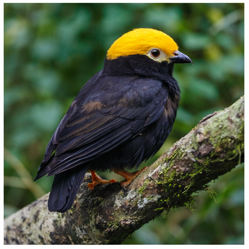 Montaire Student Living Apartments A small black bird with a bright yellow head perched on a mossy branch, with green foliage in the background.