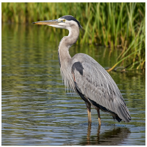 Montaire Student Living Apartments A great blue heron stands in shallow water with tall green grass in the background.