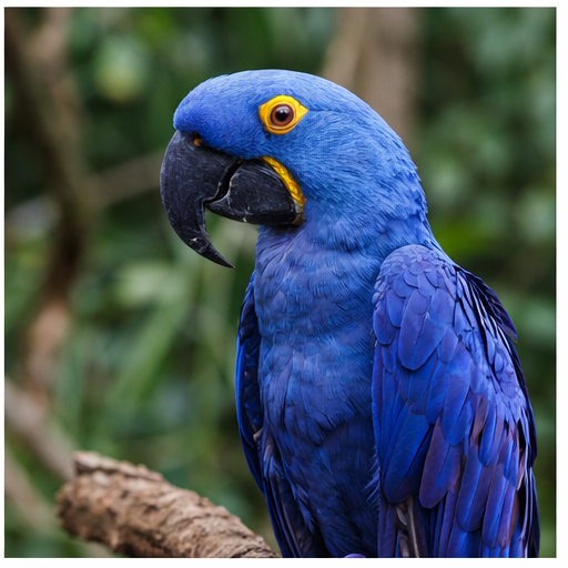 Montaire Student Living Apartments A vibrant blue hyacinth macaw perched on a branch with a blurred green background.