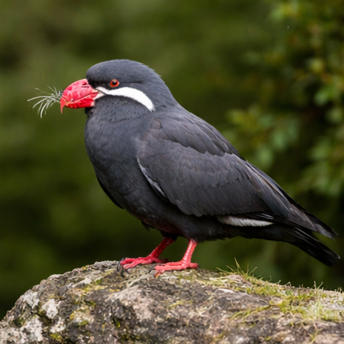 Montaire Student Living Apartments A black bird with red beak and feet, holding twigs, stands on a rock with greenery in the background.