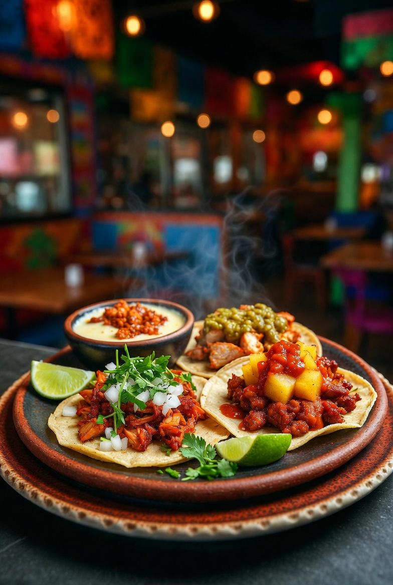 Montaire Student Living Apartments Three steaming tacos with various toppings, lime wedges, and salsa, served on a rustic plate in a colorful restaurant.