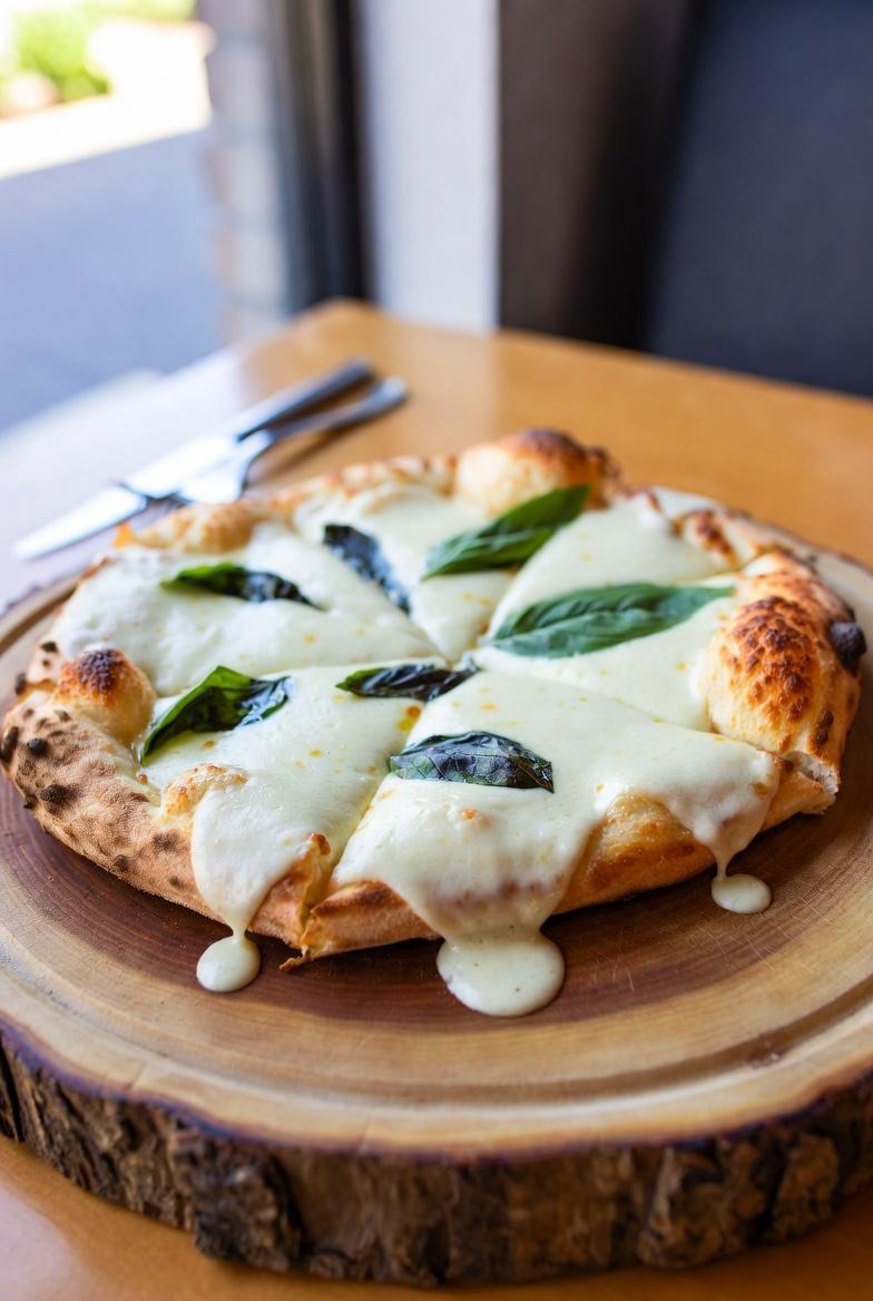 Montaire Student Living Apartments A cheese pizza with basil leaves on a wooden board, with melted cheese dripping off the sides.