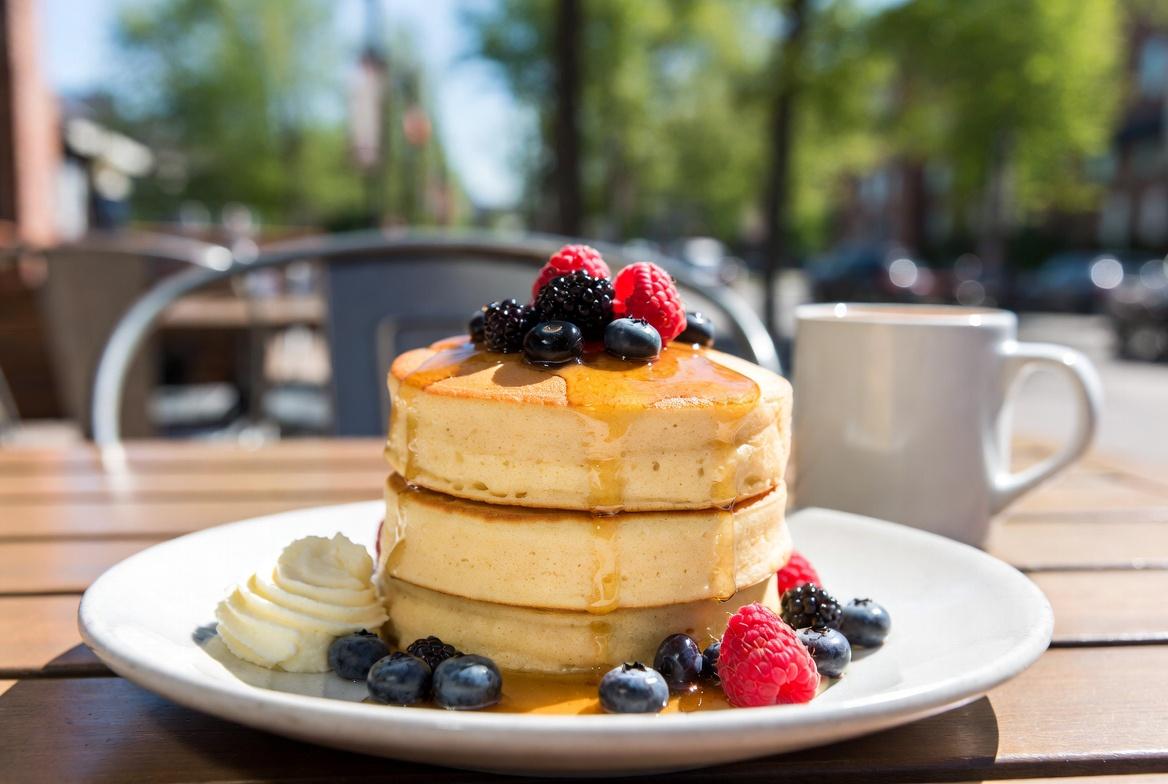 Montaire Student Living Apartments Three pancakes topped with syrup and berries on a plate, with whipped cream and a coffee cup outdoors.