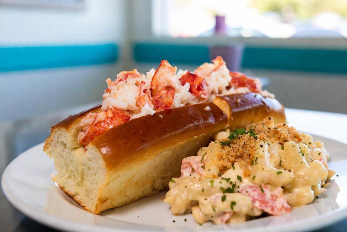 Montaire Student Living Apartments Lobster roll on a bun served with creamy macaroni salad on a white plate.