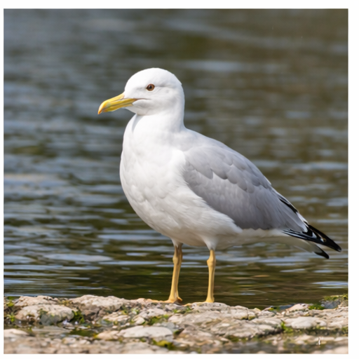 Montaire Student Living Apartments A white and gray seagull stands on a rocky shore beside calm water.