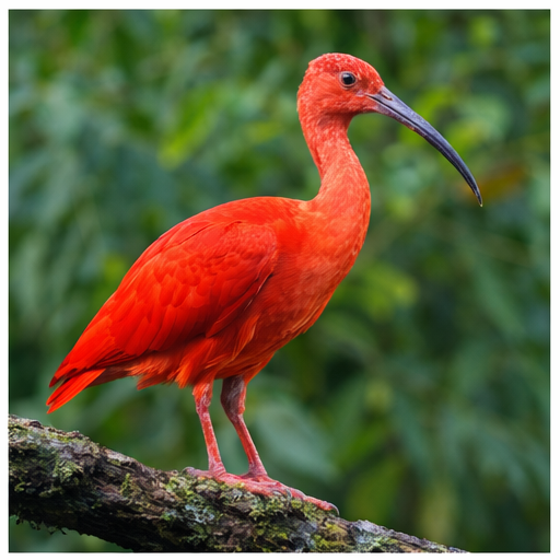 Montaire Student Living Apartments Bright red bird with a long curved bill standing on a mossy branch, green blurred foliage in the background.