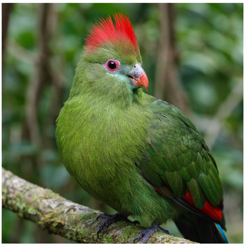 Montaire Student Living Apartments A green bird with a bright red crest sits on a tree branch, with a blurred green forest background.